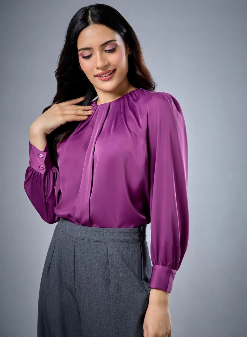 Zigzag Neck Detailed Purple Chiffon Top